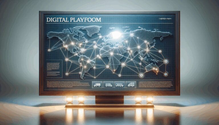 Plataforma digital en pantalla con mapa logístico y nodos interconectados