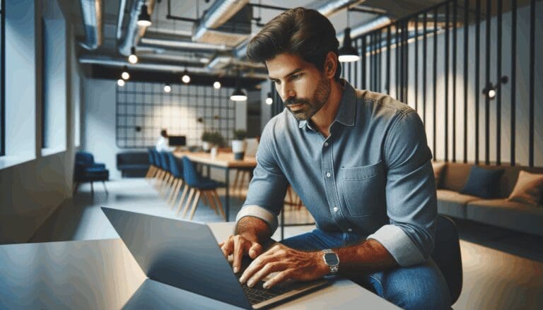 Emprendedor latinoamericano trabajando en un espacio moderno de coworking.