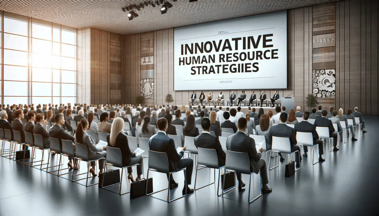 Auditorio moderno lleno de emprendedores escuchando una presentación sobre innovación en recursos humanos