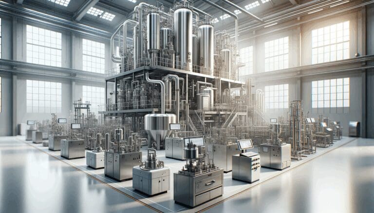 Planta tecnológica con maquinaria metálica avanzada y dispositivos modulares en un ambiente industrial limpio