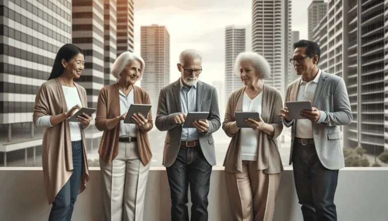Personas mayores interactuando con tecnología en un entorno urbano moderno