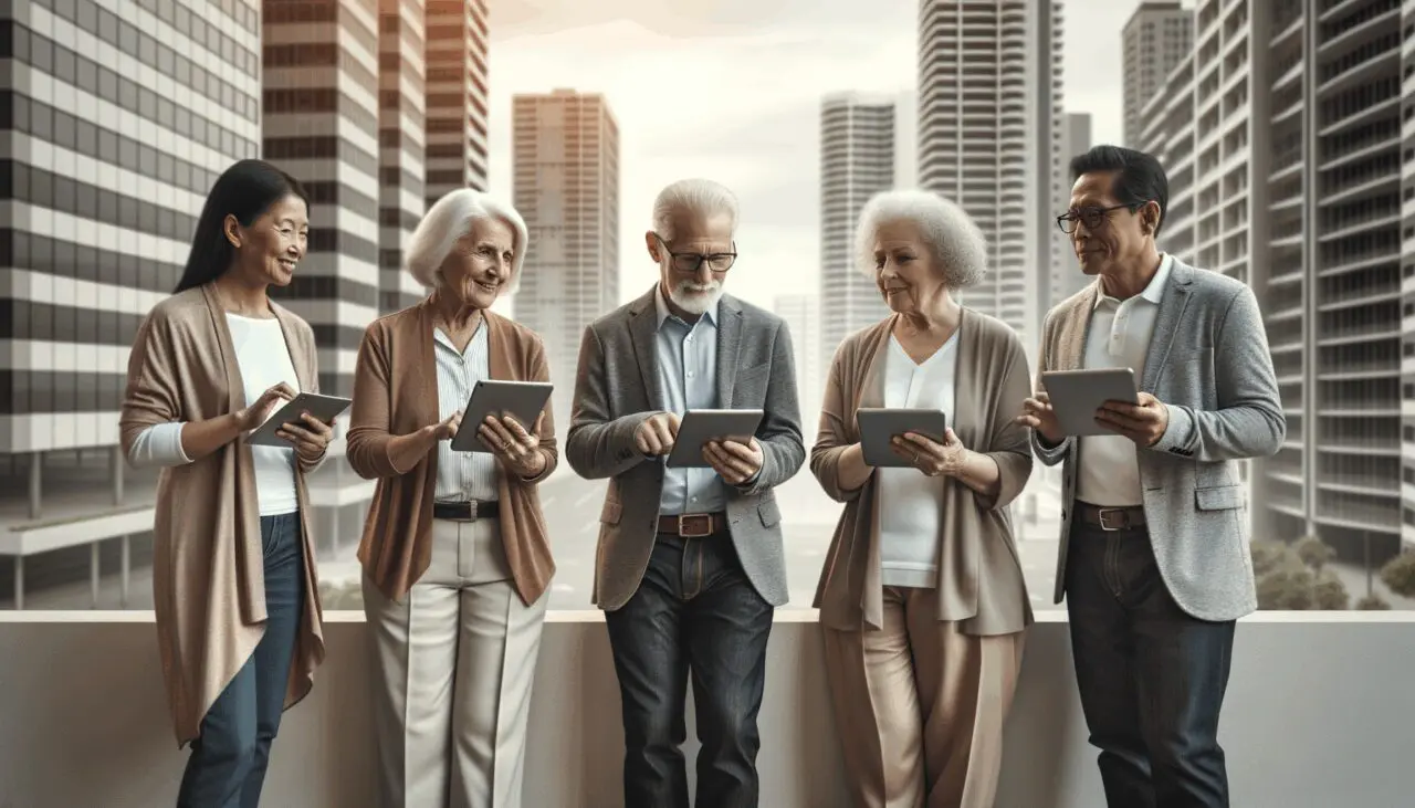 Personas mayores interactuando con tecnología en un entorno urbano moderno