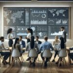 Personas colaborando frente a pantallas con gráficos de datos en una oficina tecnológica moderna