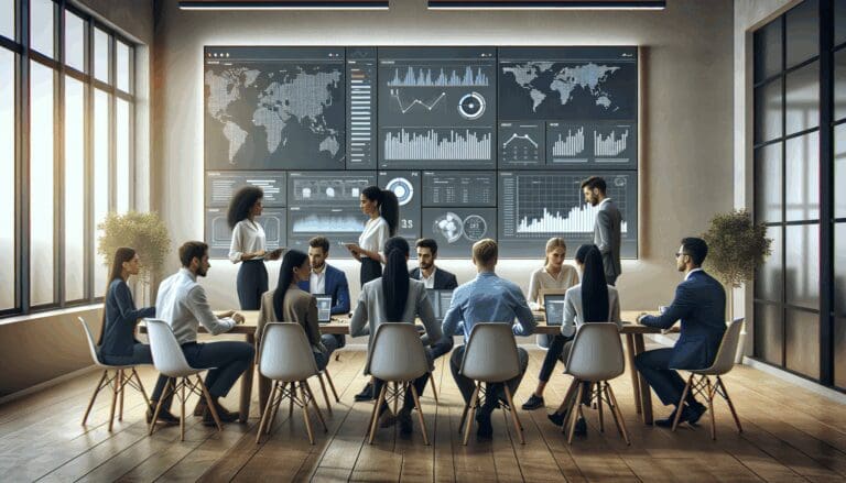 Personas colaborando frente a pantallas con gráficos de datos en una oficina tecnológica moderna
