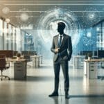 Retrato de un emprendedor en una oficina moderna con fondo tecnológico