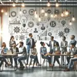 Grupo de emprendedores discutiendo ideas en un espacio de coworking moderno