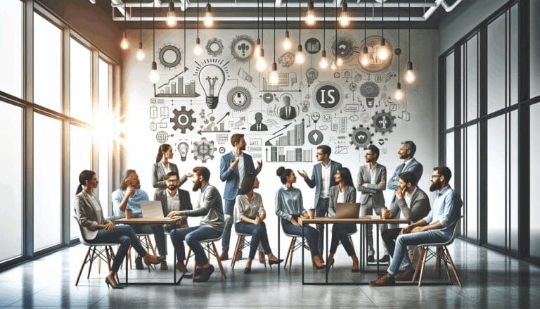 Grupo de emprendedores discutiendo ideas en un espacio de coworking moderno