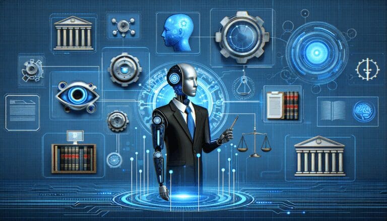 Ilustración conceptual de inteligencia artificial aplicada al sector legal, con fondo de tonos azules y detalles tecnológicos