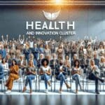 Personas reunidas en un auditorio moderno durante el lanzamiento de un clúster de salud e innovación