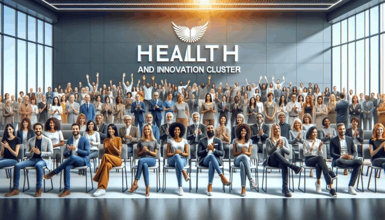 Personas reunidas en un auditorio moderno durante el lanzamiento de un clúster de salud e innovación