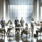 Oficina moderna con emprendedores colaborando en un espacio abierto.