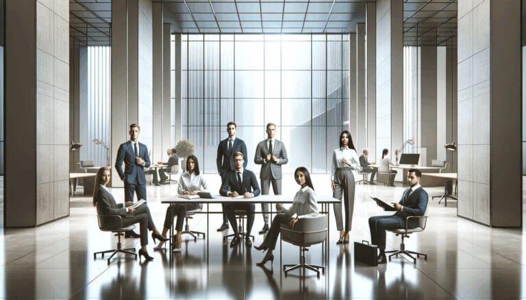 Oficina moderna con emprendedores colaborando en un espacio abierto.