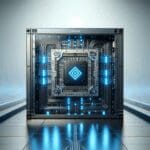 Procesador cuántico en un laboratorio de alta tecnología con luces azules