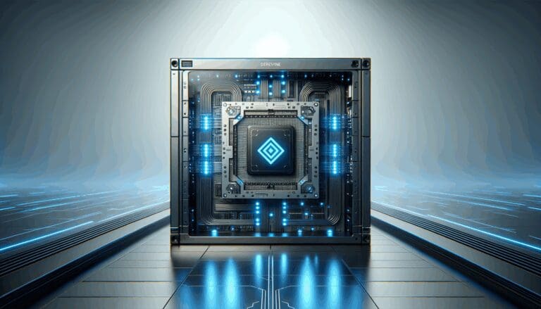 Procesador cuántico en un laboratorio de alta tecnología con luces azules