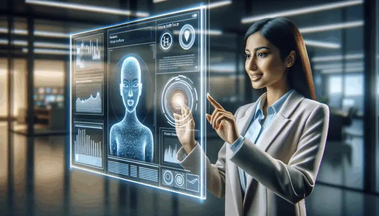 Persona interactuando con una interfaz de voz en una pantalla futurista, en un entorno moderno de tecnología