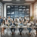 Jóvenes emprendedores trabajando en una oficina moderna con pantallas mostrando datos energéticos