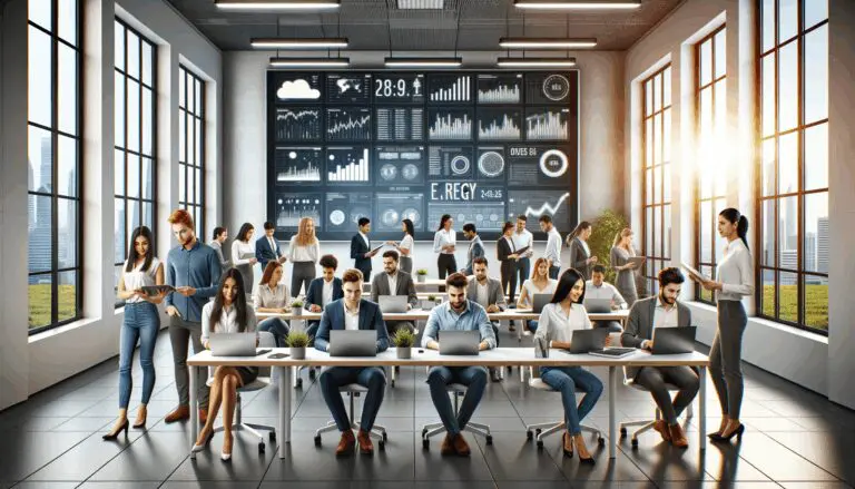 Jóvenes emprendedores trabajando en una oficina moderna con pantallas mostrando datos energéticos
