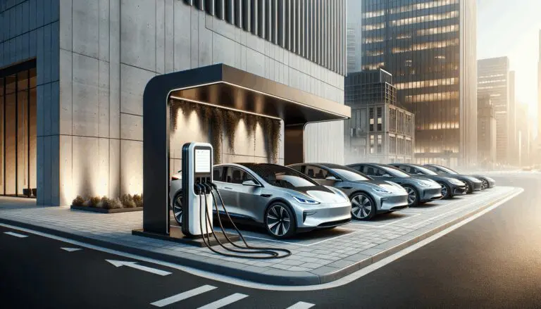 Estación de carga eléctrica moderna con autos conectados en entorno urbano