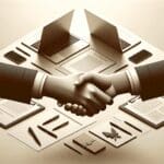 Ilustración minimalista de manos estrechándose sobre una mesa con laptops y documentos