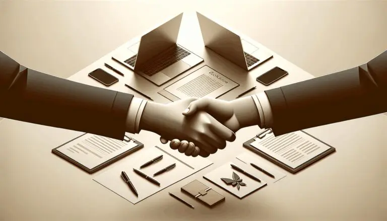 Ilustración minimalista de manos estrechándose sobre una mesa con laptops y documentos