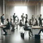 Grupo de emprendedores trabajando en laptops dentro de un espacio de coworking moderno