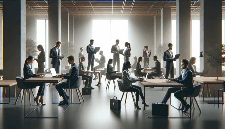 Grupo de emprendedores trabajando en laptops dentro de un espacio de coworking moderno