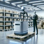 Robot autónomo operando en un centro de distribución moderno y bien iluminado
