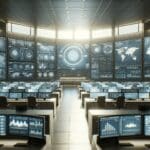 Interior de un centro de comando tecnológico con pantallas de datos y análisis en tiempo real