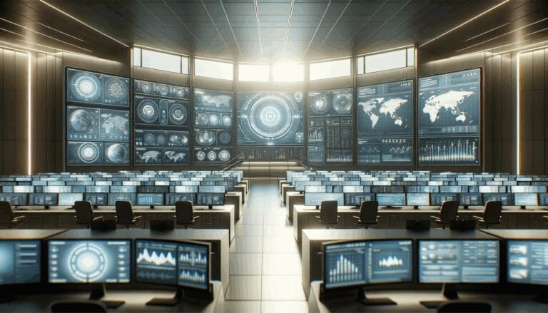 Interior de un centro de comando tecnológico con pantallas de datos y análisis en tiempo real