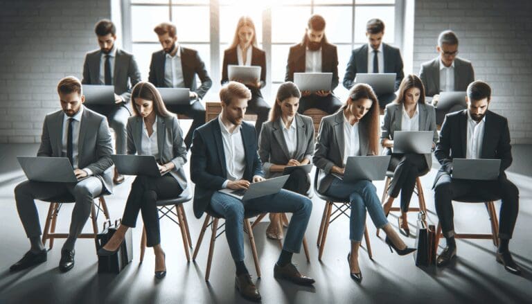 Equipo de emprendedores trabajando frente a laptops en una oficina moderna