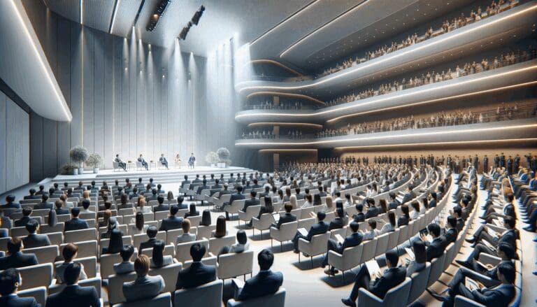 Auditorio moderno lleno de emprendedores y ejecutivos durante una conferencia
