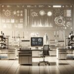 Laboratorio tecnológico con dispositivos modernos y frascos de muestras