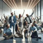 Equipo tecnológico reunido en una oficina moderna celebrando un logro empresarial