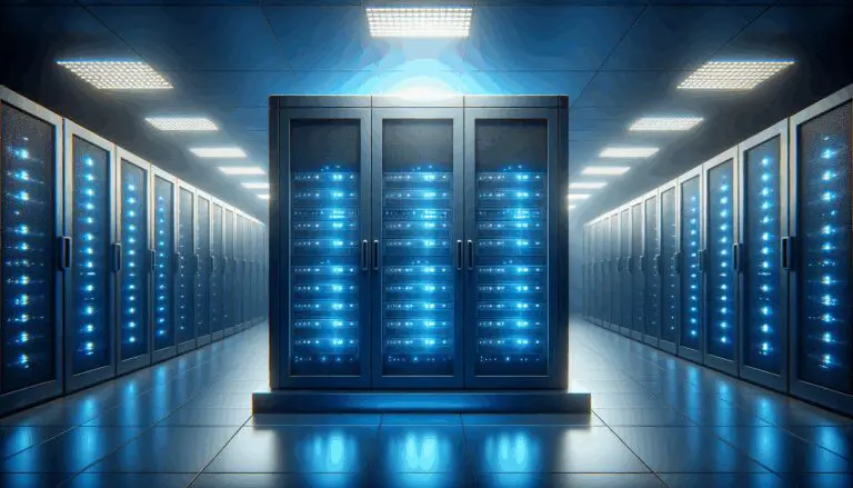 Sala de servidores con luz azul en un centro de datos tecnológico