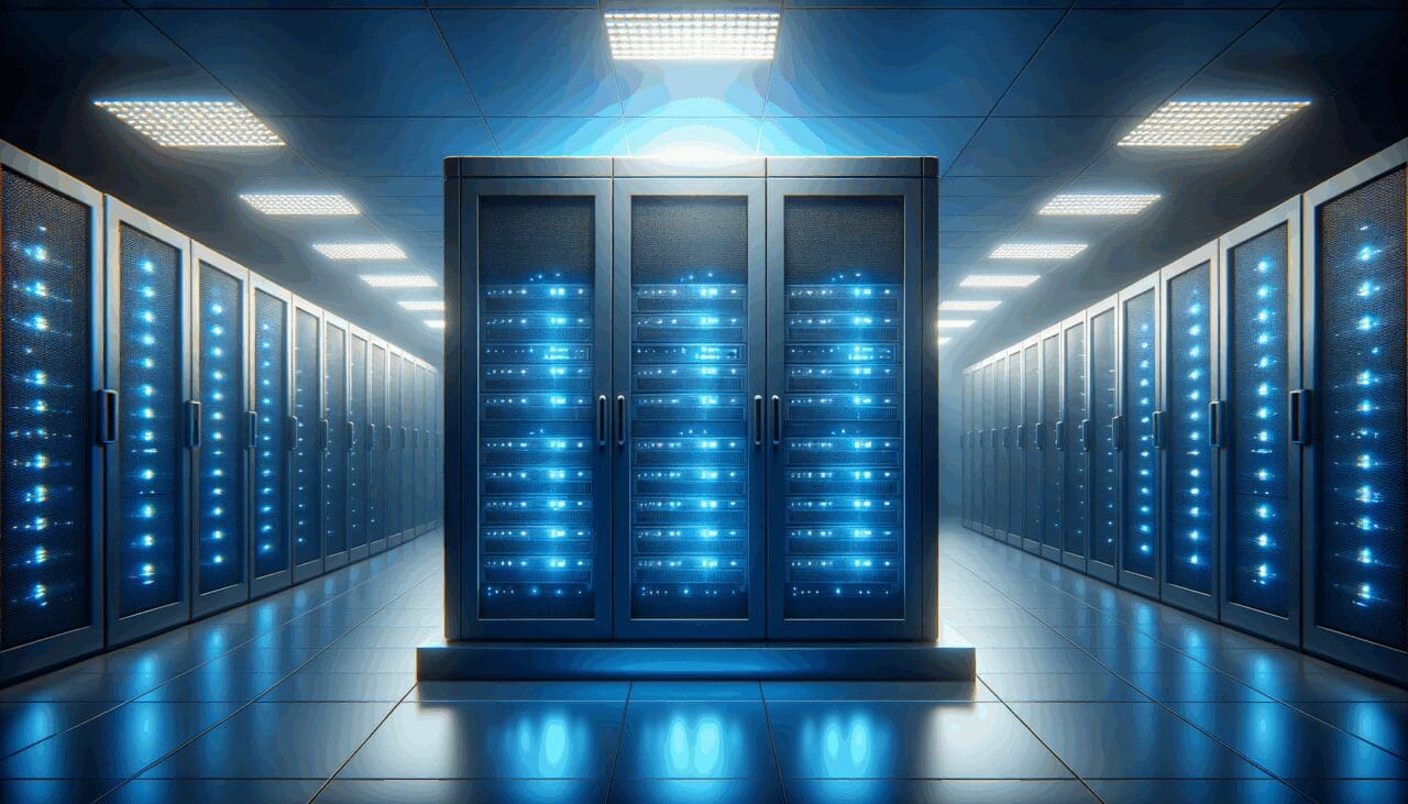 Sala de servidores con luz azul en un centro de datos tecnológico