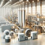 Fábrica moderna con maquinaria de reciclaje textil en funcionamiento