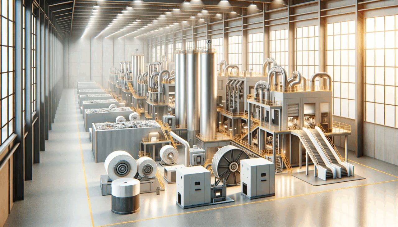 Fábrica moderna con maquinaria de reciclaje textil en funcionamiento