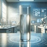 Tubo de laboratorio con líquido transparente sobre mesa de trabajo en ambiente tecnológico