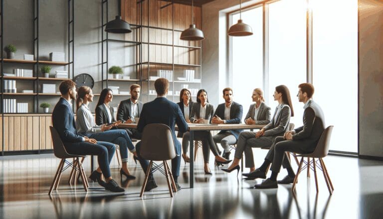 Grupo de emprendedores en una reunión en espacio de coworking moderno