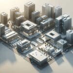 Vista aérea de un campus tecnológico con edificios modernos