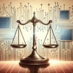 Ilustración de una balanza legal frente a un fondo de circuitos tecnológicos