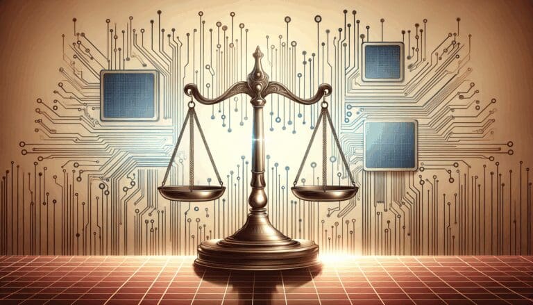 Ilustración de una balanza legal frente a un fondo de circuitos tecnológicos
