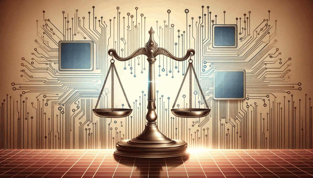 Ilustración de una balanza legal frente a un fondo de circuitos tecnológicos