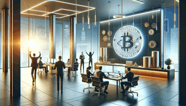 Ilustración conceptual de una startup manejando criptomonedas en una oficina moderna