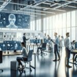 Interior de una oficina moderna con ingenieros trabajando en inteligencia artificial