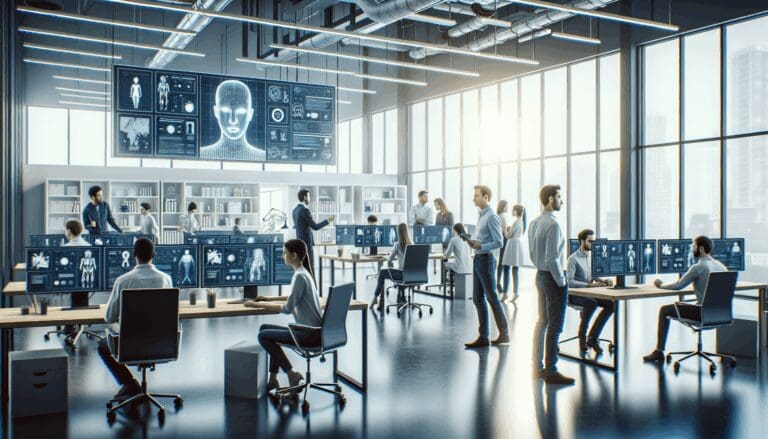 Interior de una oficina moderna con ingenieros trabajando en inteligencia artificial
