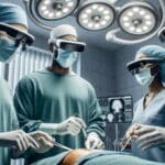 Cirujanos usando gafas de realidad aumentada en un quirófano moderno