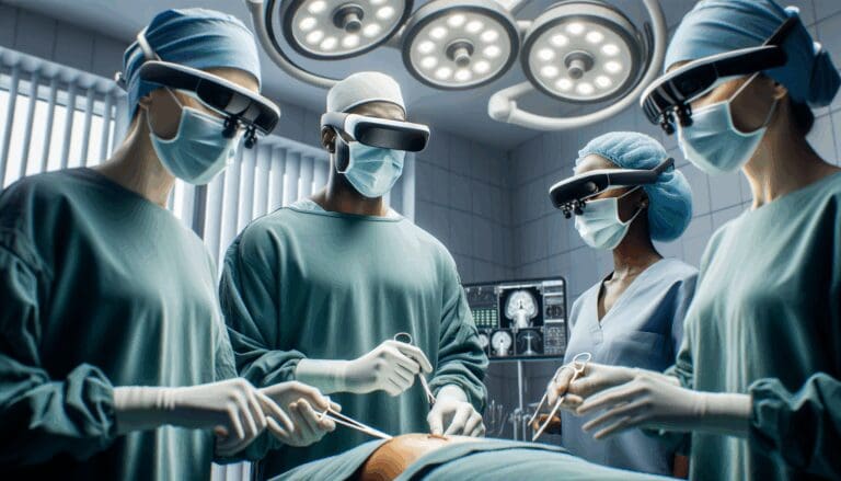 Cirujanos usando gafas de realidad aumentada en un quirófano moderno