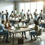 Oficina moderna con jóvenes emprendedores colaborando frente a laptops