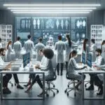 Equipo de emprendedores trabajando en un laboratorio de tecnología médica avanzada